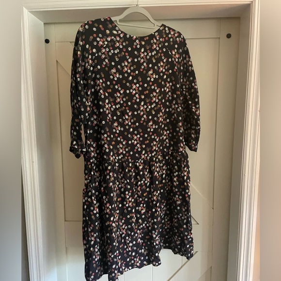 Garnet Hill Black Floral Multicolor Dot 3/4 Sleeve Dress Pockets Viscose Sz 12 - Picture 3 of 3